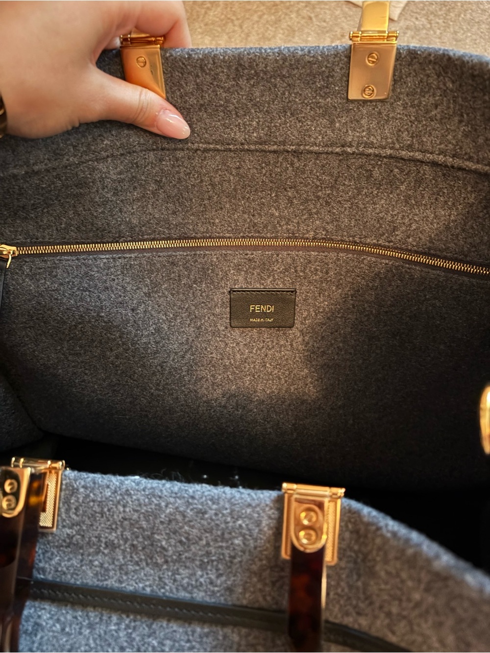 Authentic- Fendi Large Sunshine Shopper Tote Gray Flannel Wool FENDI Logo - Picture 7 of 16